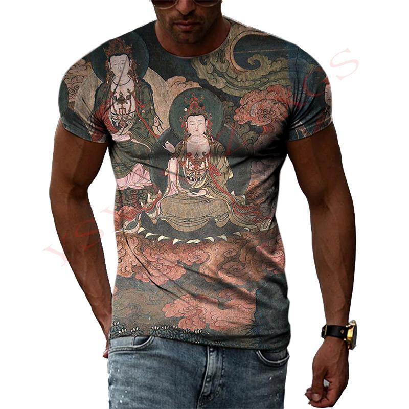China Dunhuang Mural Graphic Shirt 3D Harajuku Print New Summer Retro Art Casual Short Sleeve Top For Men And Women Personality