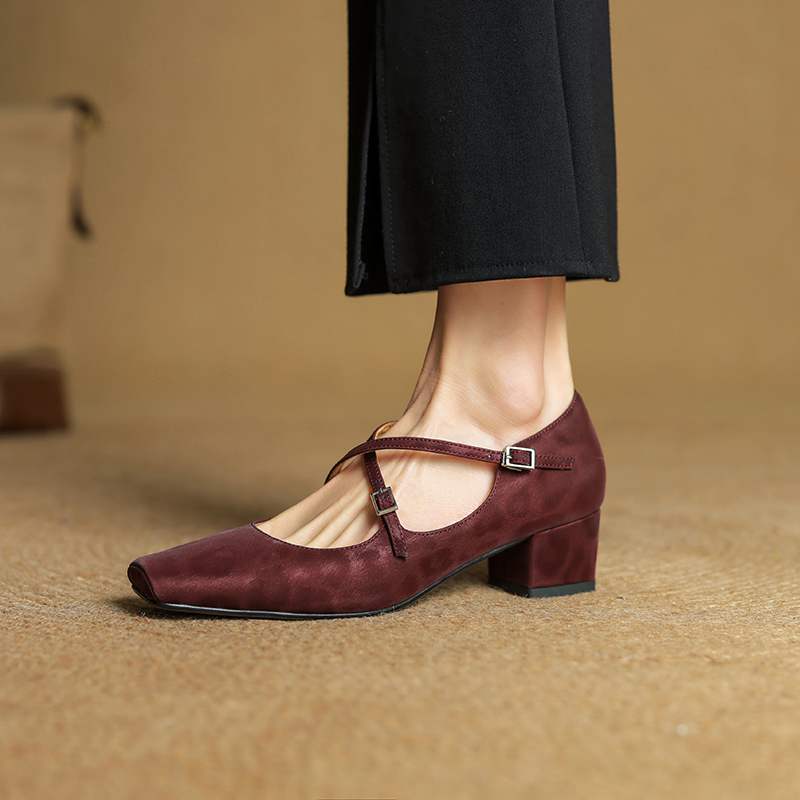 Krazing Pot Full Grain Leather Fashion Spring Autumn Med Heels Women Square Toe Buckle Straps Shoes Leopard Shallow Pumps