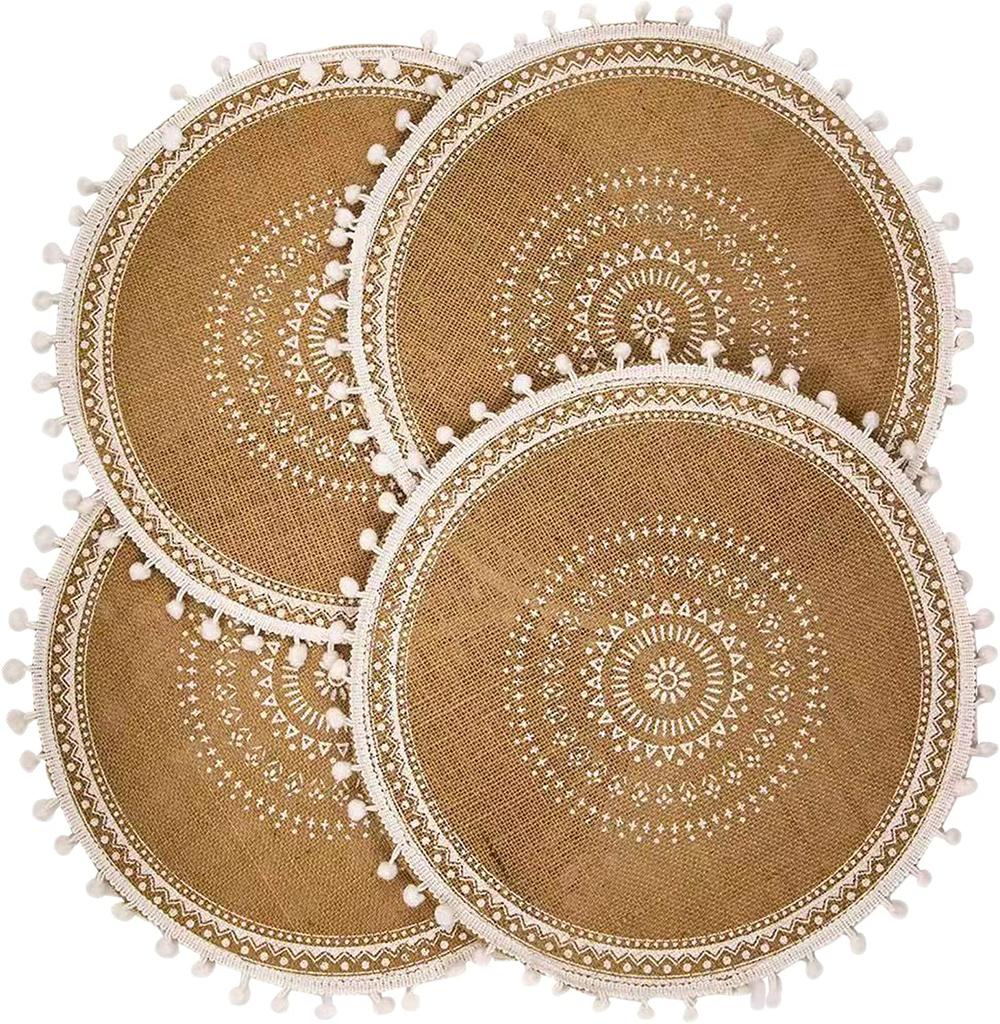 Boho Round Placemats Set of 4 Dining Brown Modern Dinner Braided Beige Table and Fall Circle Runner Kitchen Plate Mats for Home