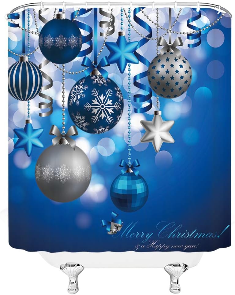 Christmas Shower Curtain With Blue And Silver Gray Xmas Balls Starswinter Holiday Happy New Year Dream Polyester Fabric Bathroom