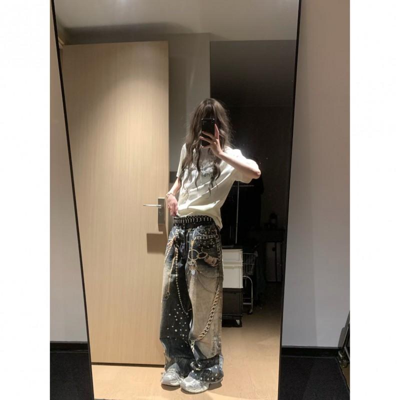 Womens Vintage Washed Denim Jeans With Chain Lace Print Slim Straight Cut Mid-Rise Cotton Blend Loose Fit