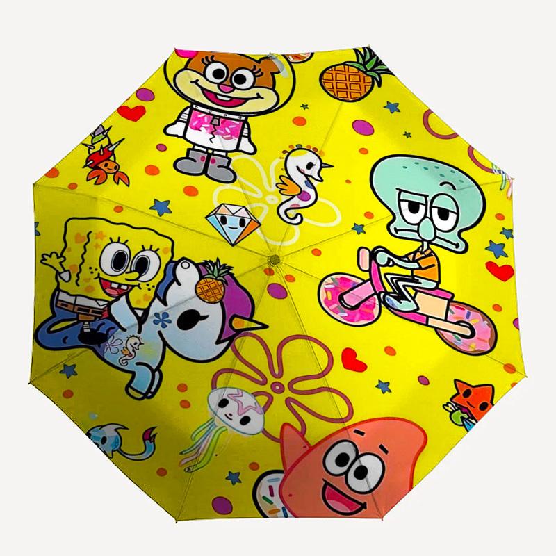 1pc SpongeBob SquarePants Automatic Opening Umbrella with Tokidoki Characters, Portable 3-Fold Design, 8-Bone Iron Frame, Outdoor for Fans, Travelers,