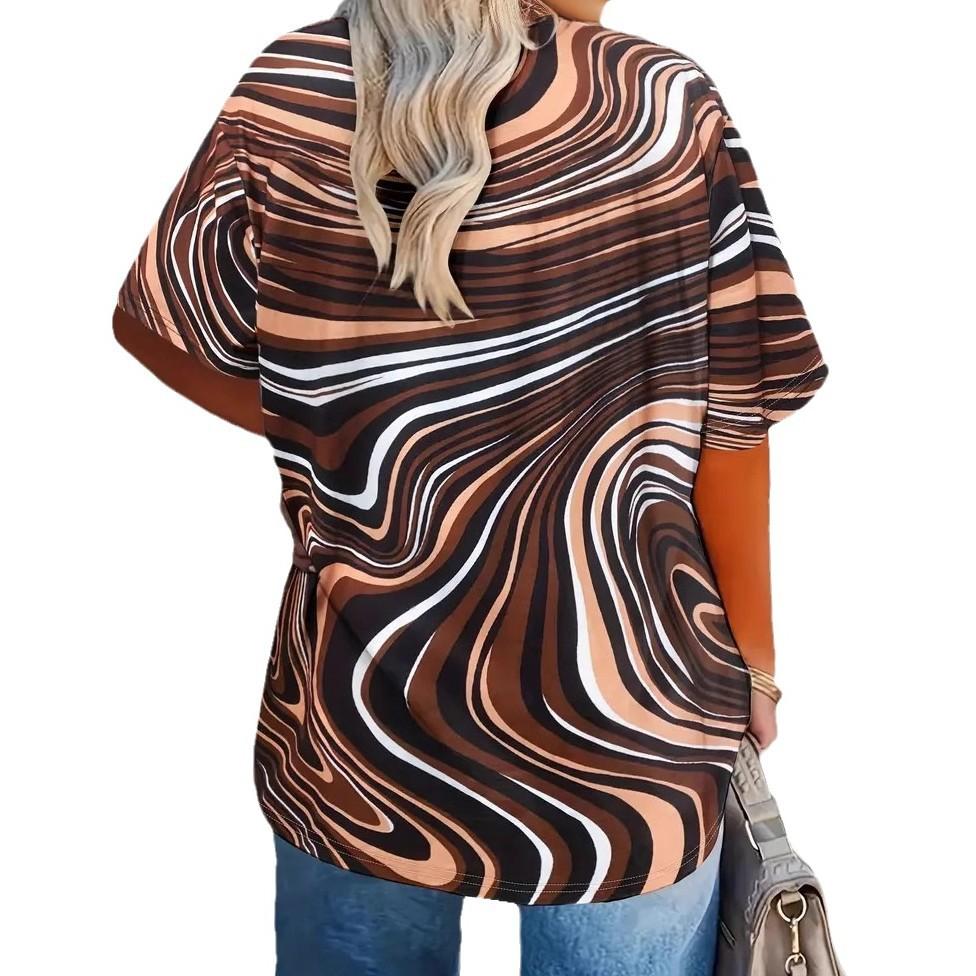 Summer V-neck 3D Printed Wave Pattern Top Fashionable Casual Short Sleeved Plus Size Women's T-shirts