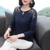 Women's Navy Blue Long Sleeve Blouse Shoulder Floral Embroidery Cutout Round Neck Loose Fit Casual Top