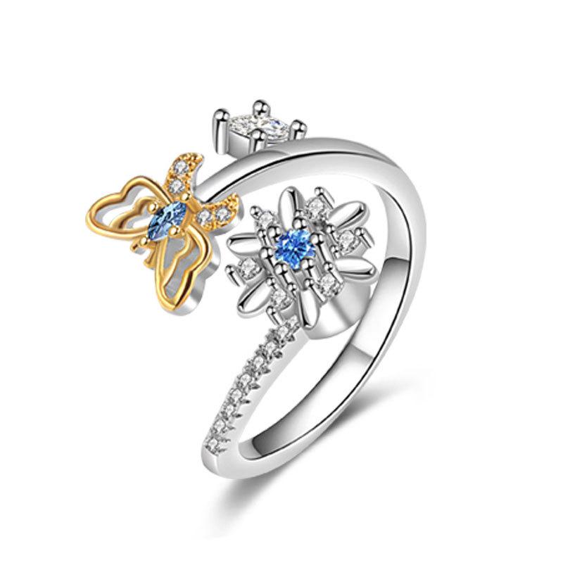 Offener Ring mit Zirkonia-Blume, Damen-Design, Nischenring, zweifarbig, Sonnenblume, doppelte Kamelie, personalisierbar, vielseitig verstellbar, Windmühlenring, Schmuck