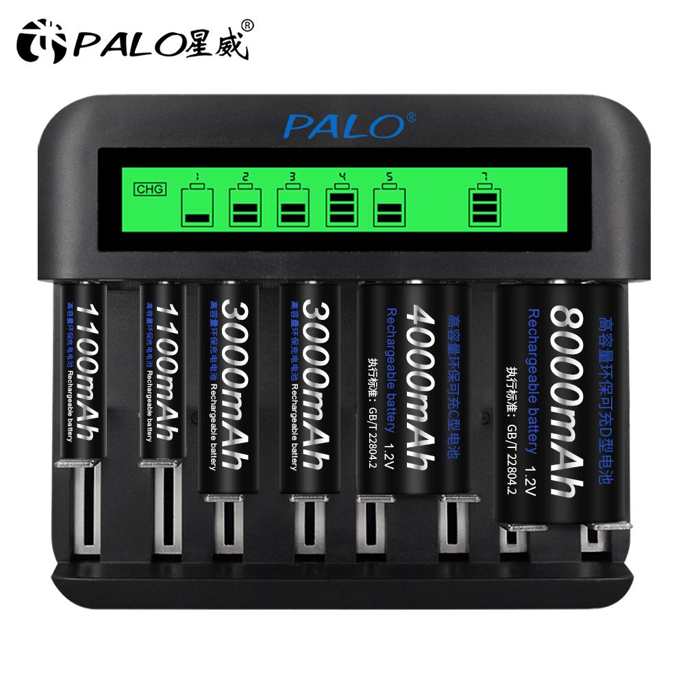 PALO 8 Slots LCD Display USB Smart Battery Charger for AA AAA SC C D Size Rechargeable Battery 1.2V Ni-MH Ni-CD Quick Charger