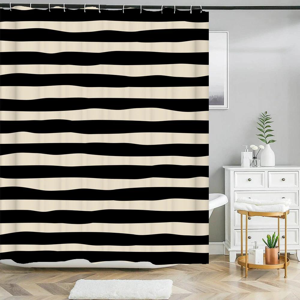 Black White Stripes Pattern Texture Shower Curtains Geometry Bathroom Waterproof Polyester Bath Curtain Home Decor With Hooks