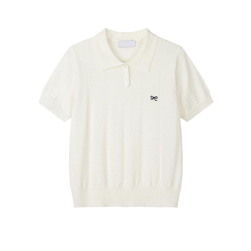 Tricou cu mânecă scurtă brodat cu fundă pentru femei, Un nou tricou polo de vară în stil coreean cu umeri drepți și un top subțire din tricot