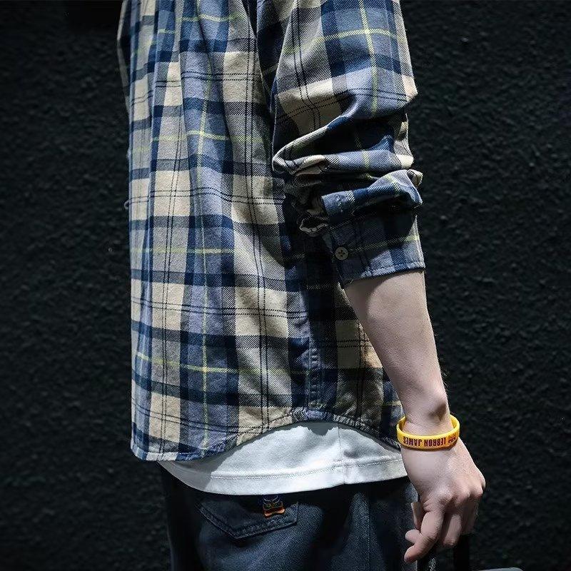 Men's Long-sleeved Casual Plaid Shirt Students Handsome Loose Jacket Teenage Fall Plus Size Tops