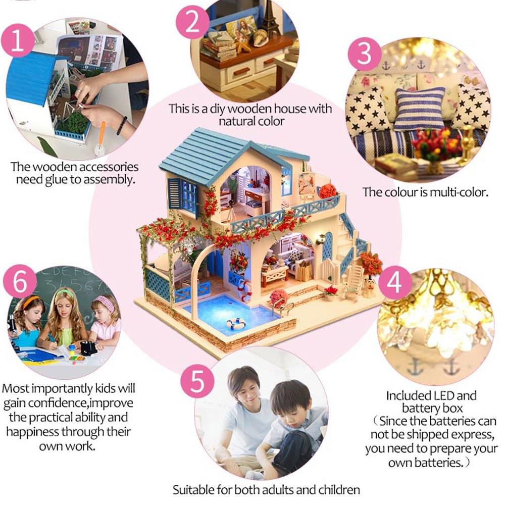 Tiny House Building Kit,Realistic Three-story Summer Beach Villa DIY Wooden Dollhouse Kit Handicrafts Set,miniature Furniture Kit Boys /& Girls Gift for Over 14 Years Old-11.81x9.65x10.87in