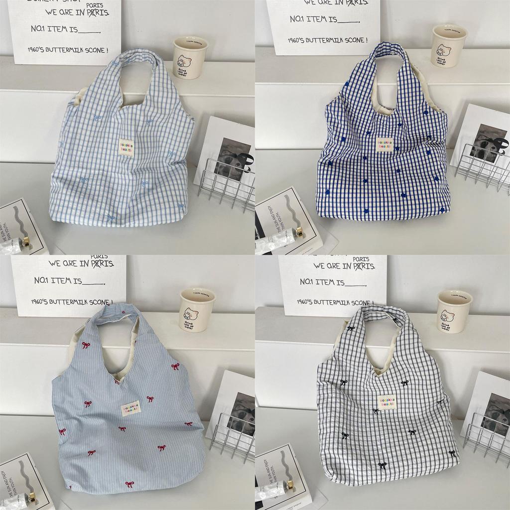 Summer Plaid Embroidered Tote Bag With Zipper Pocket For Casual Day Out
