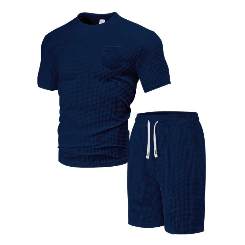 Mens Casual Waffle Knit Short Sleeve T Shirt And Drawstring Shorts Set
