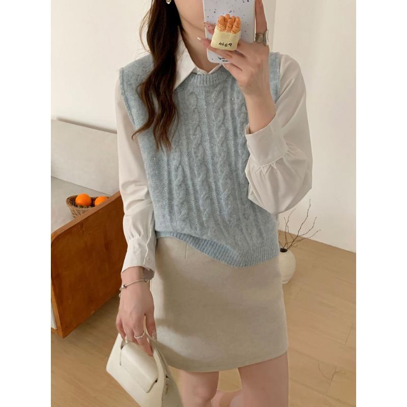 Dámské podzimní a zimní pletené vesty s kulatým límcem s kroucenými flitry