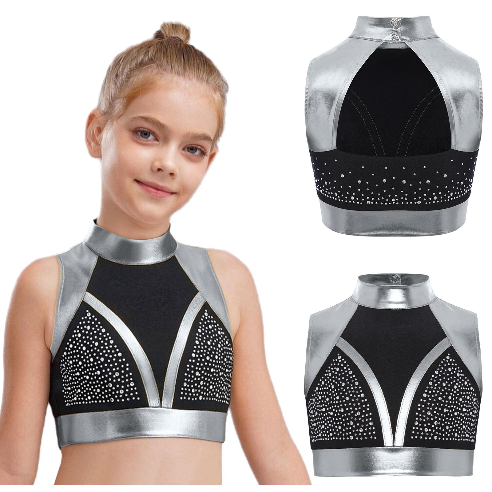

Girls Dance Crop Top Mock Neck Sleeveless Cutout Back Shiny Rhinestones Color Block Performance 7-8 Years срібний