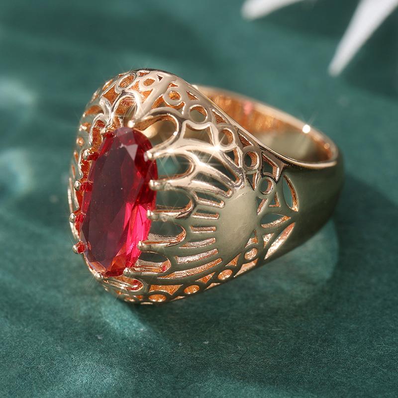 Vintage Inlay Roter Zirkonia Damenring Trendige Goldfarbe Handgeschnitzte Geometrie Tägliches Tragen Party Schmuck Jubiläumsgeschenk