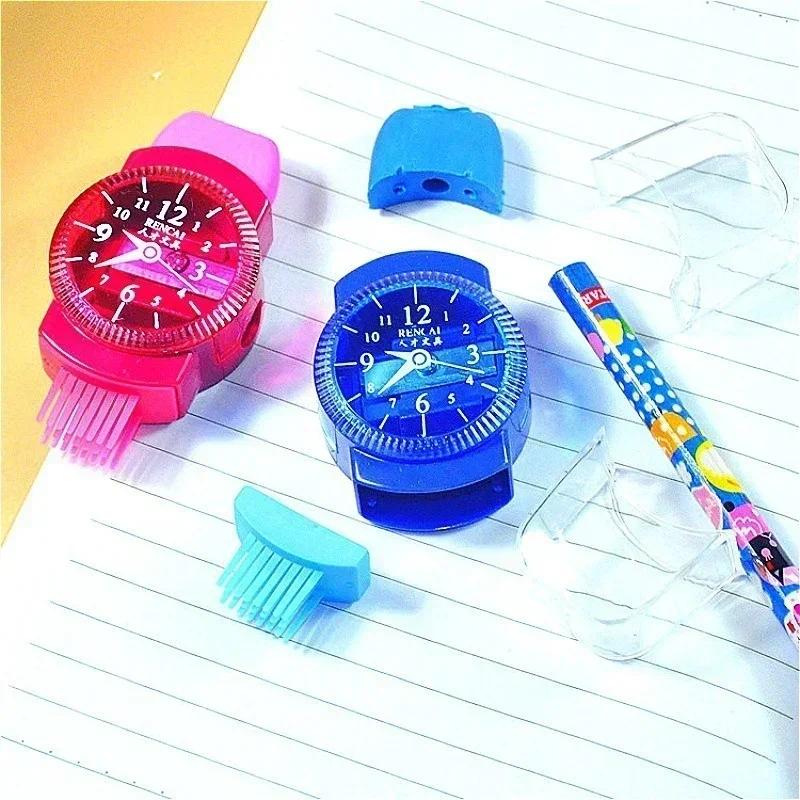 2PCS 3 in 1 Pencil Sharpener Wristwatch Modeling  with Eraser and Brush Lovely Kawaii School Stationery Supplies Random Color