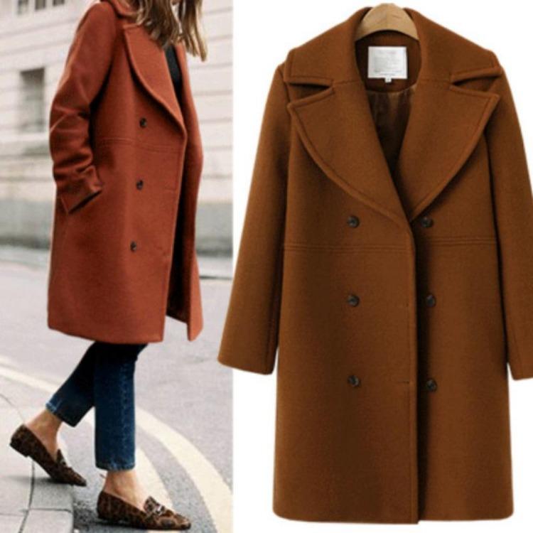 Women Plus Size Winter Woolen Trench Coat Double Breasted Mid Length Autumn Fashion Coat