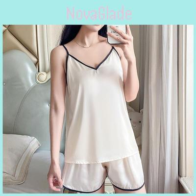 Ladies Silk Sleepwear Set With Vneck Sleeveless Pajamas And Shorts For Home And Lounge
