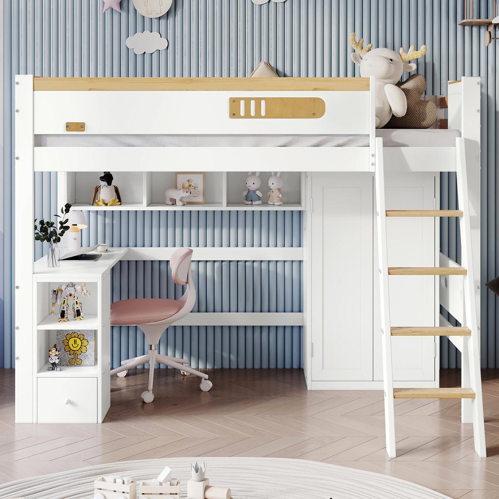 Bunk Bed, with Fall Protection Rail, with Table and Wardrobe, Ample Storage Space, with Four-Step Ladder, Pine+MDF+Plywood, White+Natural, 90x200cm