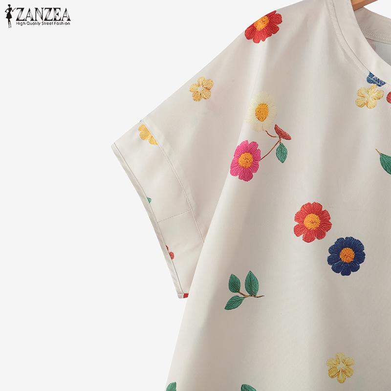 ZANZEA Women Casual Round Neck Floral Print Summer Short Sleeve Blouse