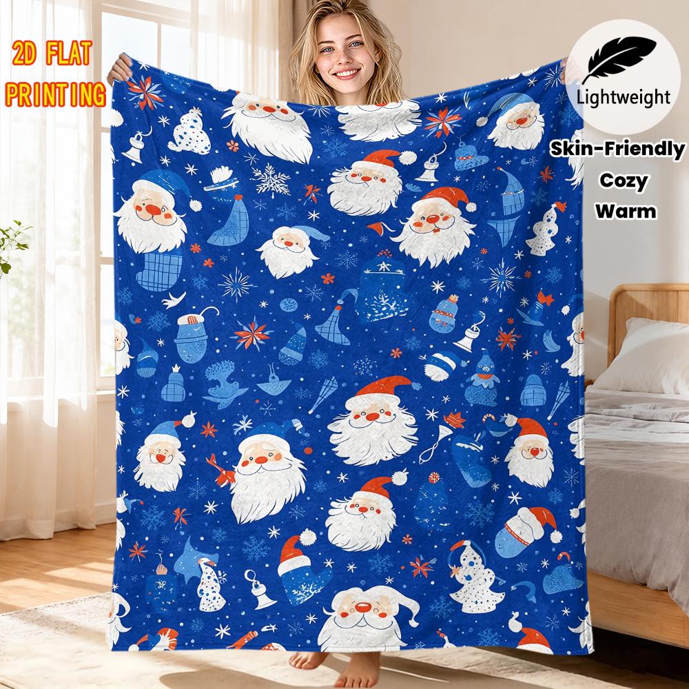 1pc Flannel Printed Blanket, Royal Blue Full Print with Santa Claus, Snowflakes, And Christmas Items, Soft And Skin-Friendly Fabric, Lightweight And W