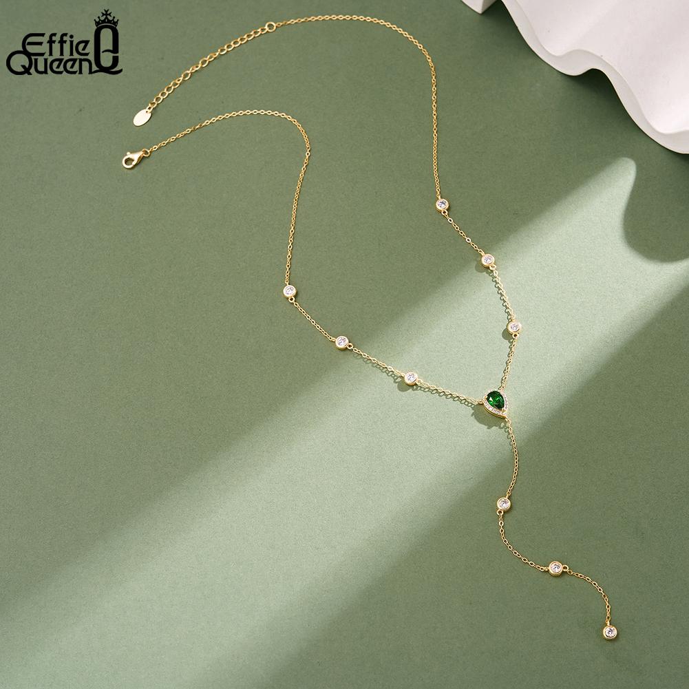 EFFIE QUEEN Retro Women's Fashion Green Zircon Y Necklace 925 Pure Silver 5A CZ Long Y Sexy Choker Chain Wedding Jewelry BQN39