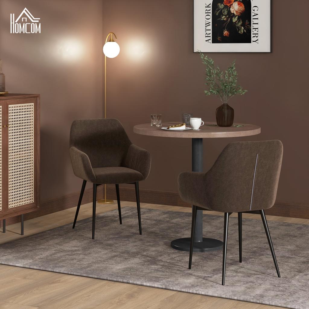 Set 2 Nordic Dining Chairs With Curved Armrests Upholstered In Velvet Effect Fabric 54x57x80 Cm Brown