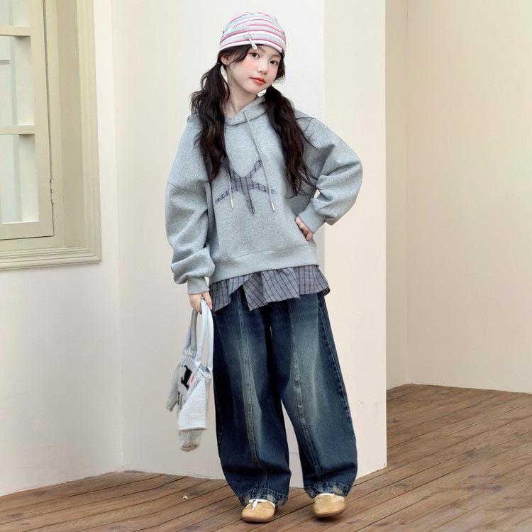 Girls' Plaid Patchwork Hooded Sweatshirt: 2026 Autumn Style for Middle and Older Children - Faux Two-Piece Long-Sleeve Top