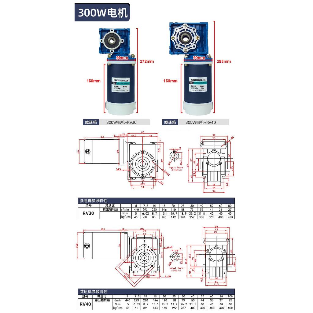 RV30-RV40 DC12V / 24V 300W 9A DC Gear Motor Worm Gear Gearbox High Torque Gear Motor 1800r/min