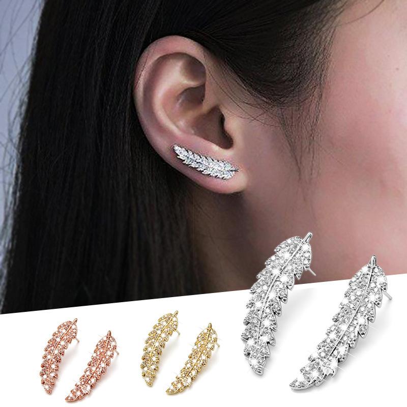 Popular in Europe and the United States, fashionable feather stud earrings, women's micro-inlaid zircon earrings, versatile jewelry