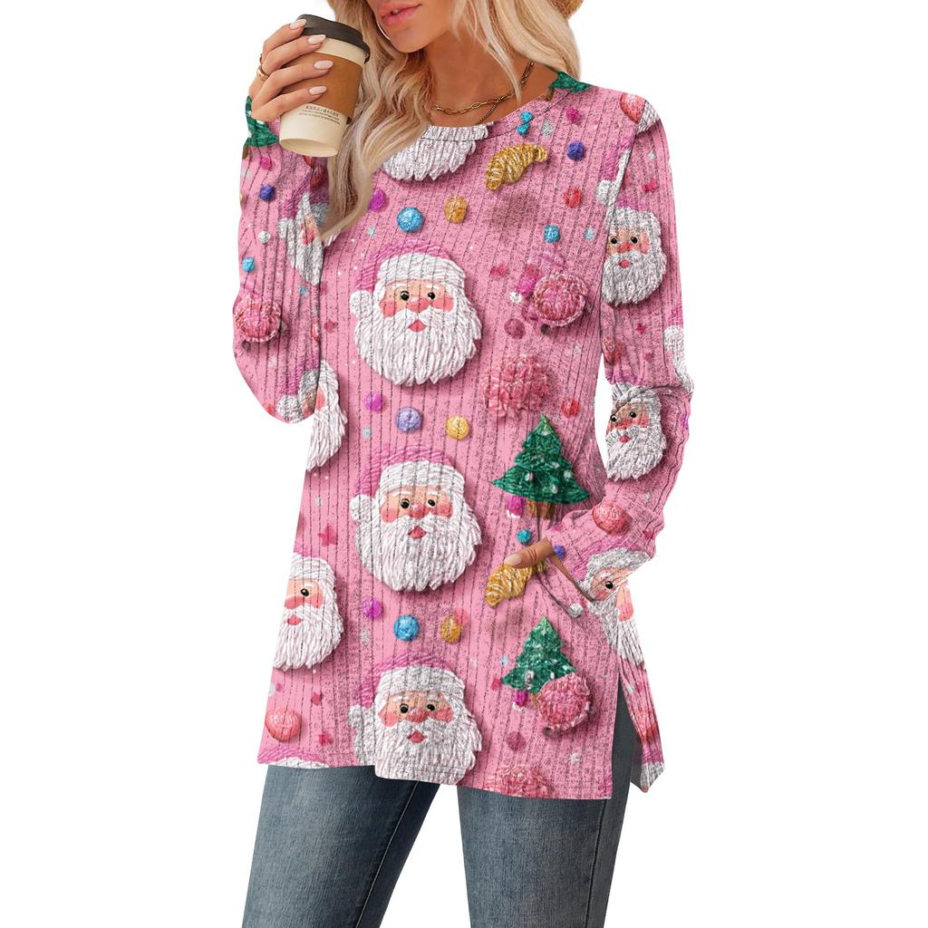 Women's Christmas Printed Round-neck Long-sleeved Top With Pockets And Side Slits