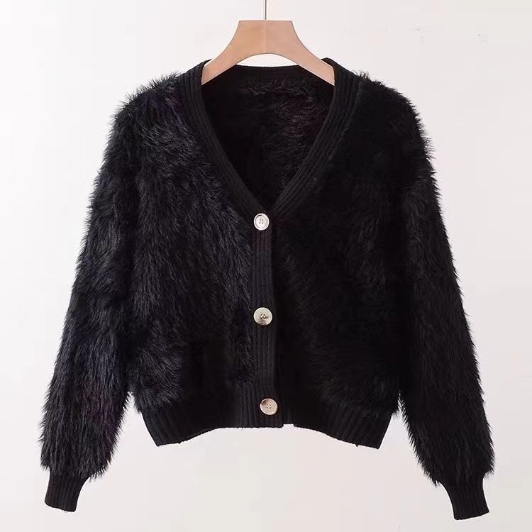 

Осеннее уютное и теплое белое трикотажное короткое пальто с V-образным вырезом one size чёрный