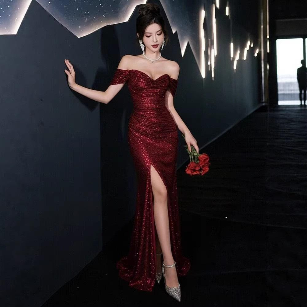 Champagne Shoulder Sequin Dress Vocal Art Candidates Fish Tail Beautiful Engagement Bride Toast Dress Split Forked Dress