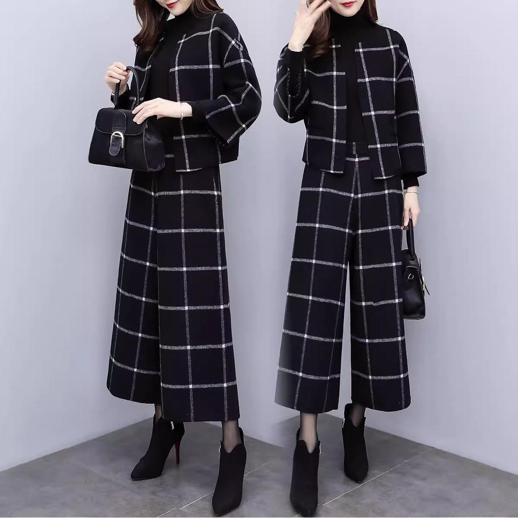 Autumn Winter Korean Two Piece Pants Short Coat Wide Leg Pants Casual Fashion Set Women's