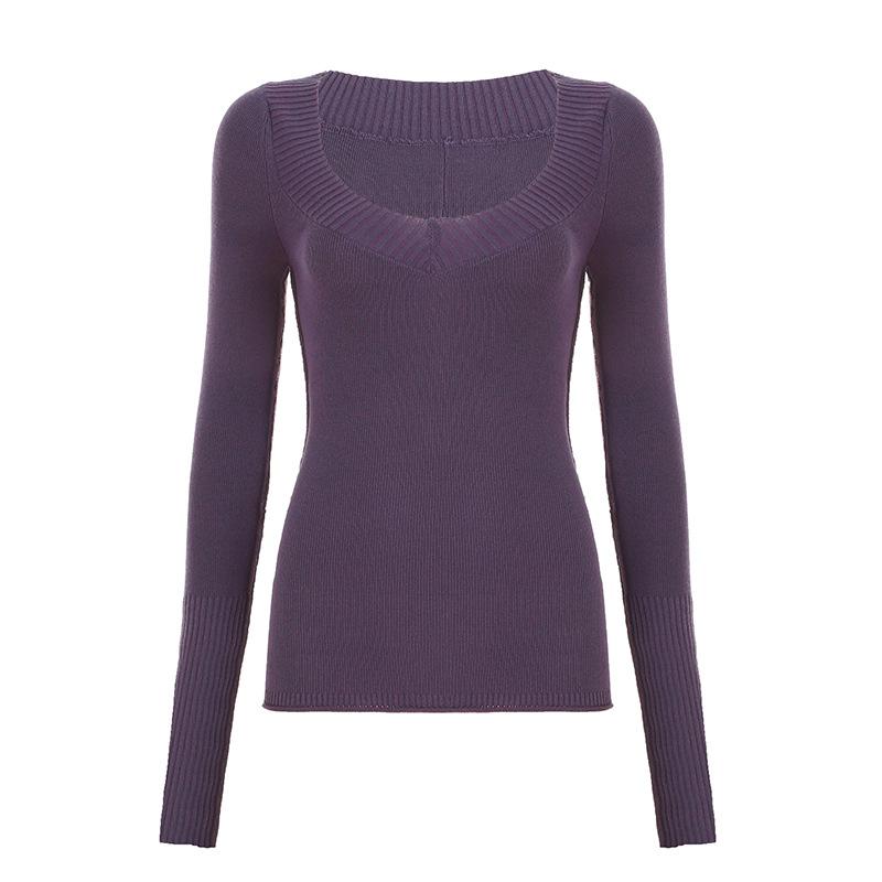 

Женская осенне-зимняя узкая однотонная повседневная трикотажная кофта с глубоким V-образным вырезом и глубоким вырезом в полоску с длинными рукавами L фиолетовый