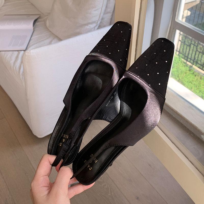 Fashion Fashion Metal Rivet Pumps Women Medium Heels Shoes Female Slingbacks Square Toe Footwear Shallow Ladies Heels Sandals Shoes