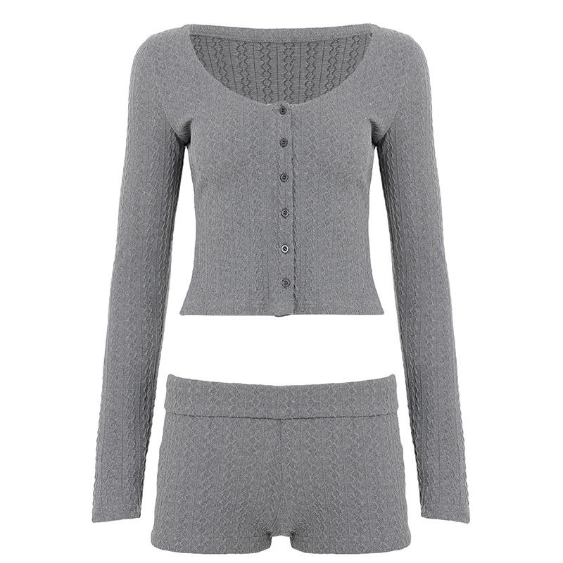 Korean Elegant Casual Cable Knit V-Neck Cardigan & Shorts Women s Two-Piece Set Medium