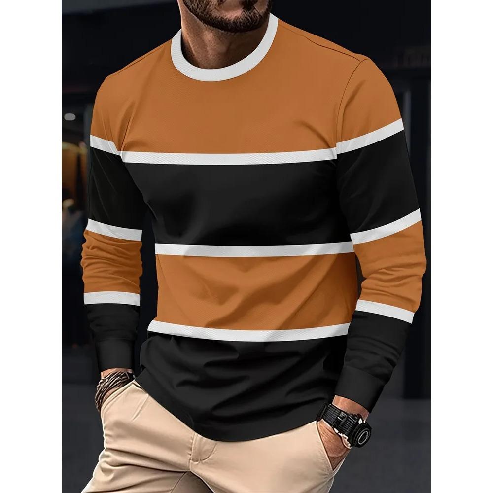 Herbst Rundhals Modisch Vielseitig Freizeit Streifen 3D Langarm T-Shirt Herren Mode Komfort Locker Sport Großes T-Shirt