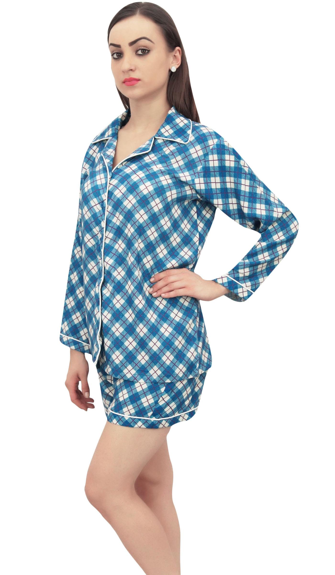 

Bimba Women Check Print Sleepwear Shirt With Elastic Shorts 2 Pcs Night Set - 8 чирок синього кольору