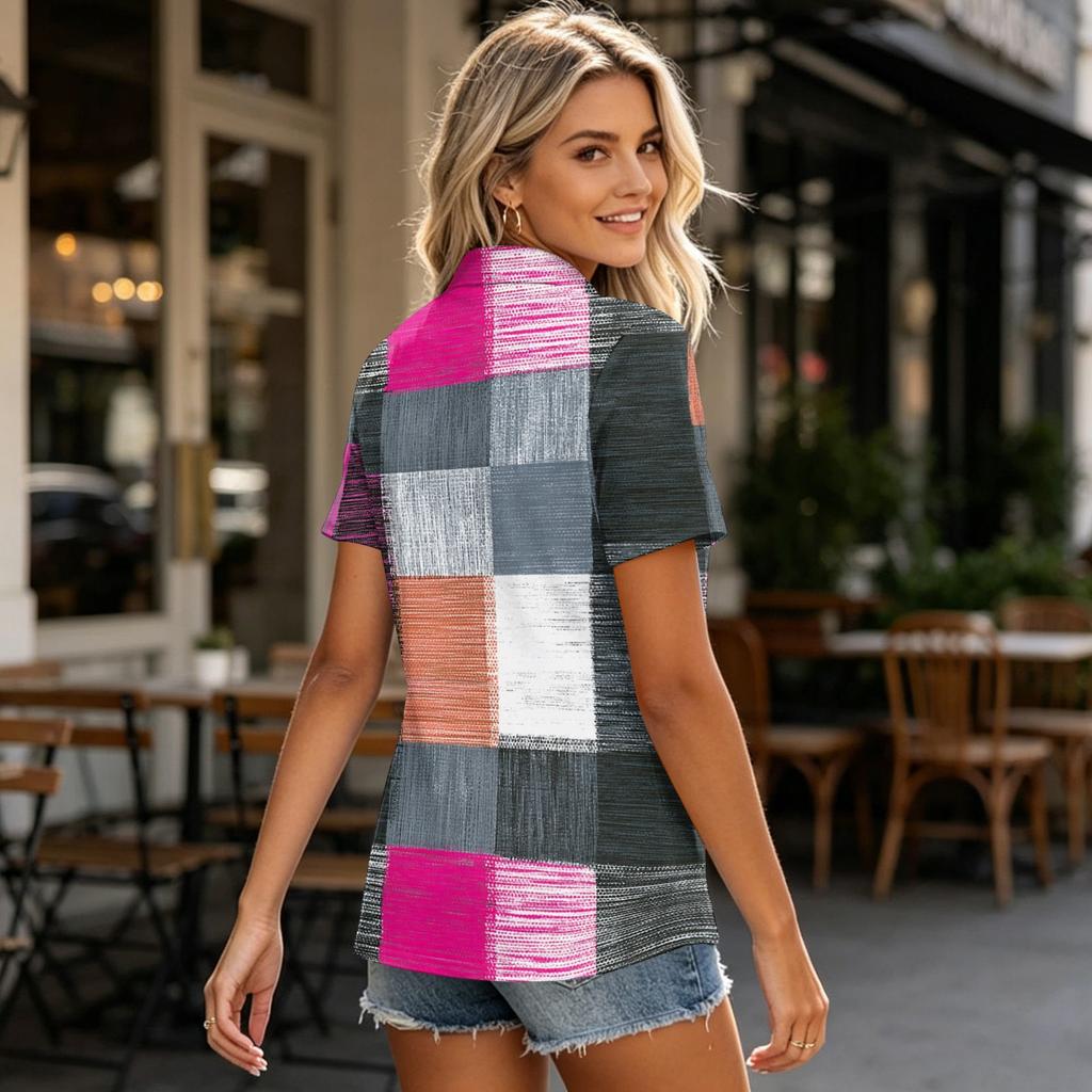 Women Casual Polo Shirt Short Sleeve Loose Fit Button Down Plaid Pattern Lightweight Top for Everyday Wear