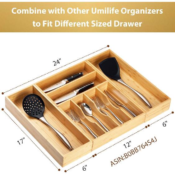 Umilife Bamboo Kitchen Utensils Organizer, Extra Long High Silverware Drawer Holder, Flatware Cutlery Storage Box, Multi-Use Drawer Divider in