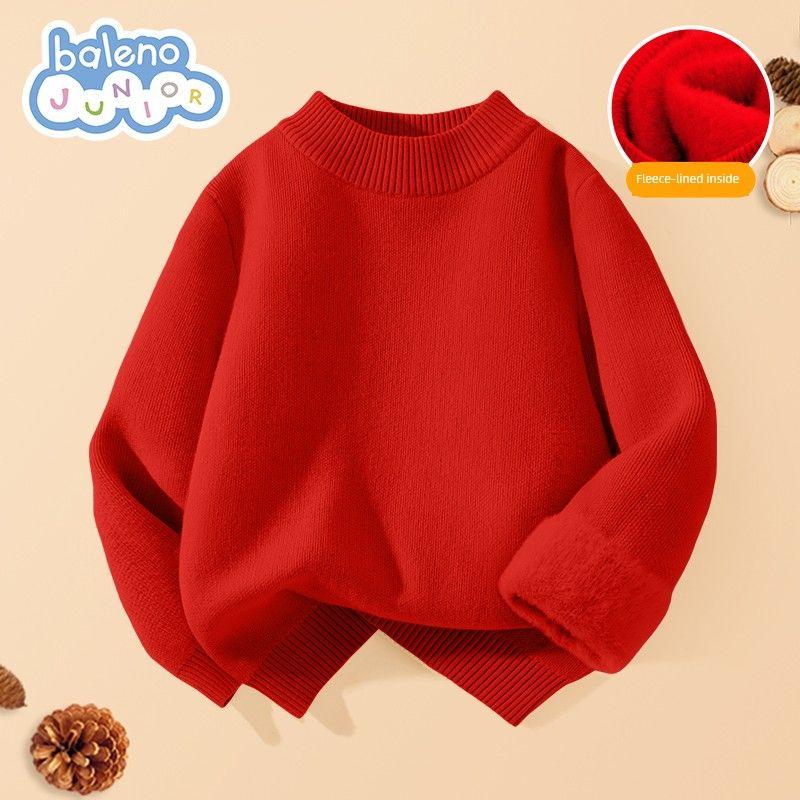 Baleno Boys  Sweater Autumn and Winter Style Children s Fleece-Lined Warm Knitwear for Boys, Red New Year Outfit P Red # Solid Color 160 cm