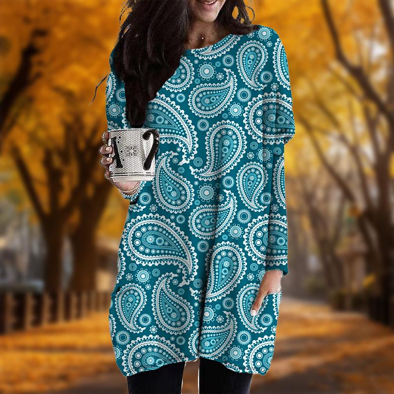 New In Autumn Water Droplets Print Plus Size Dress Women O'neck Long Sleeves Casual Pocket Dresses