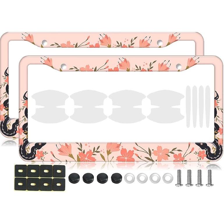 2PCS Yellow Cat Pattern License Plate Frames For Men Women - Universal Aluminum Stainless Steel Kitten Cat Mom Personalized Car Tag Covers Holder
