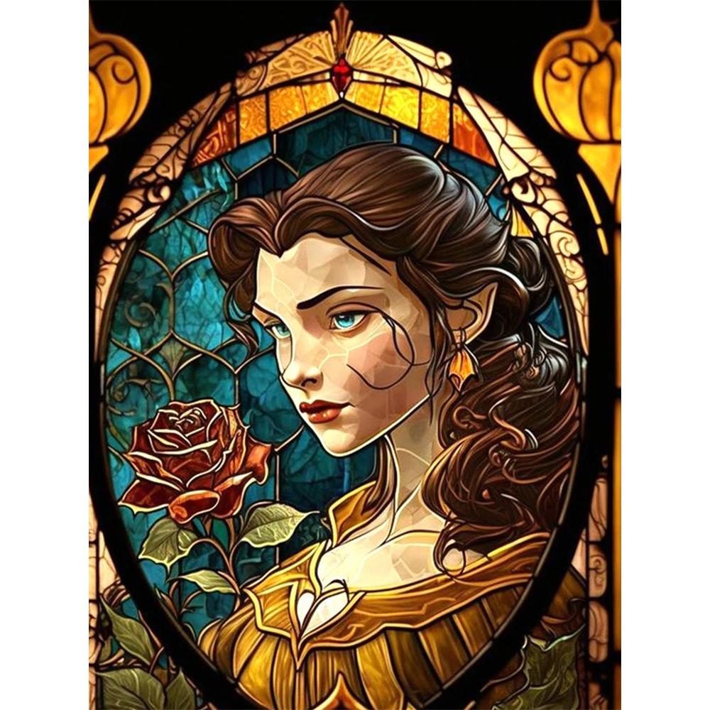 

Disney Diamond Painting Belle Stained Glass Style Art Illustration 5D Diamond Painting Art Embroidery Cross Stitch Room Decoration Round 20x30cm