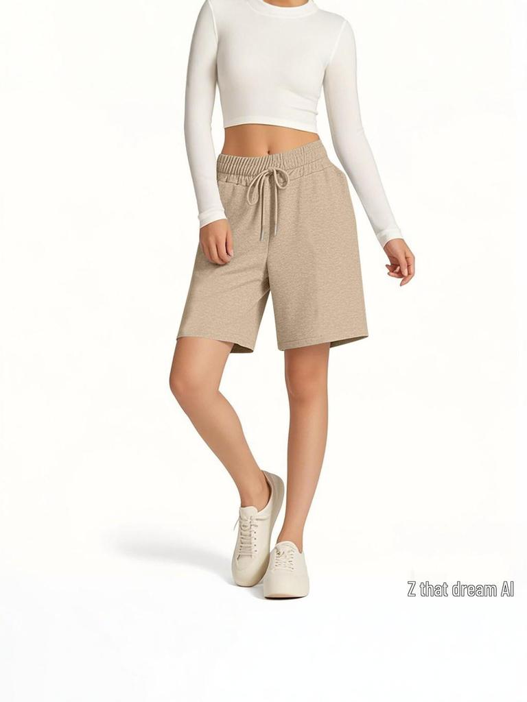 2025 Summer High Waist Drawstring Solid Color Casual Women's Shorts - Loose & Versatile Sporty Style