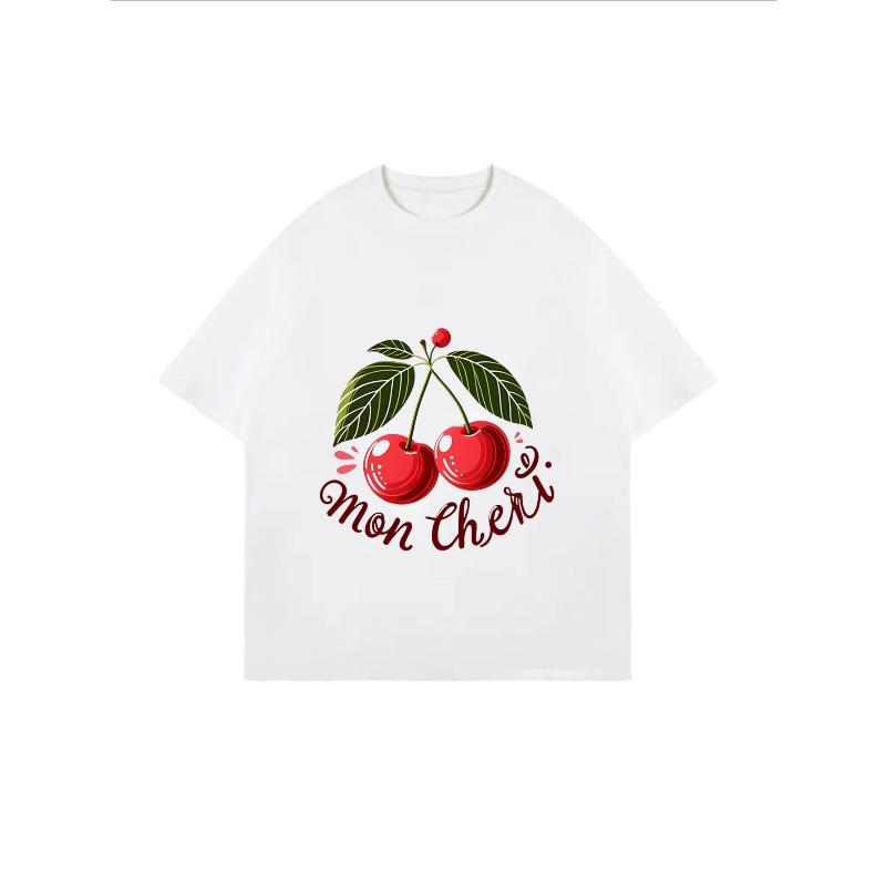 Bawełniany T-shirt Biały z Nadrukiem Wiśni Mon Cheri Tekst Letnia Codzienna Odzież