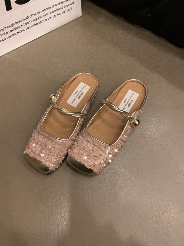 Sequined Silver Bag Head Half Slippers Spring and Summer Temperament Mary Jane Single Shoes Flat Mullers