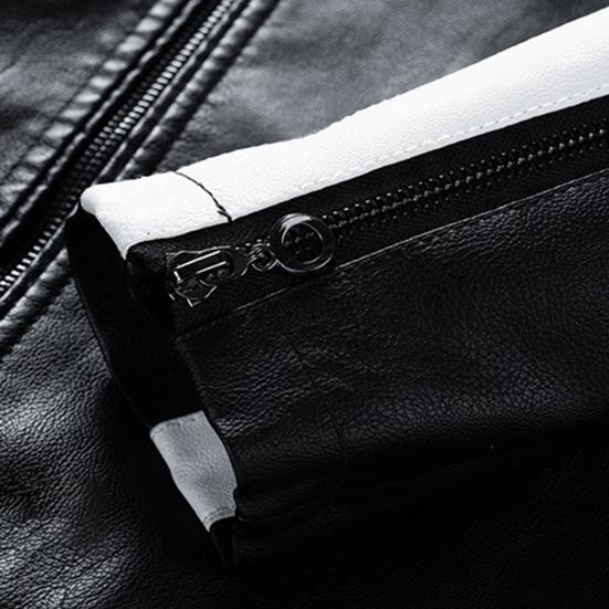 Men Jacket Color Block Slim Windproof Faux Leather Stand Collar Outerwear for Working