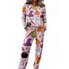 Women's Casual Pajama Set with Long Sleeve Round Neck and Drawstring Wide Leg Pants for Sleep and